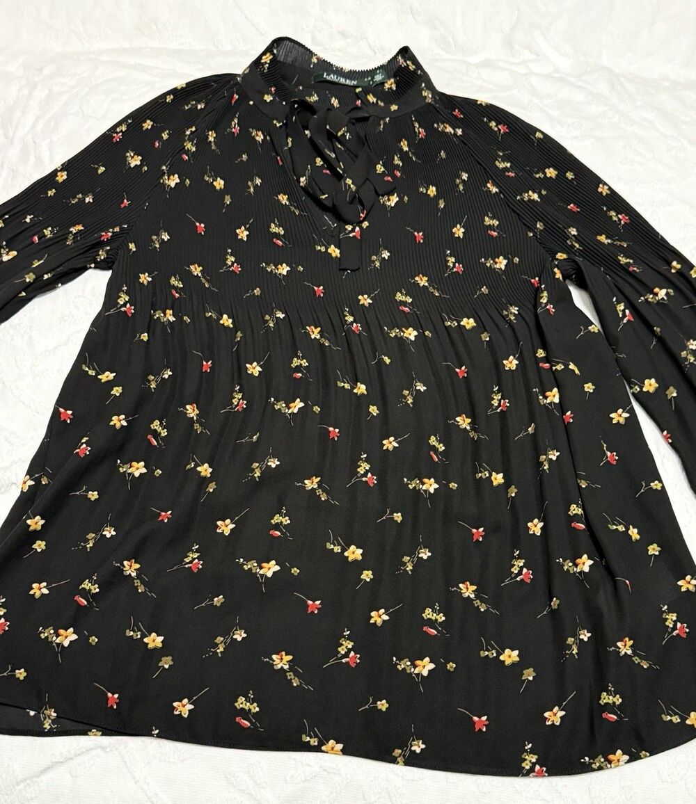 EUC Vtg Lauren RL Floral Pleated Tie Neck Blouse Cottagecore Dark Academia S
